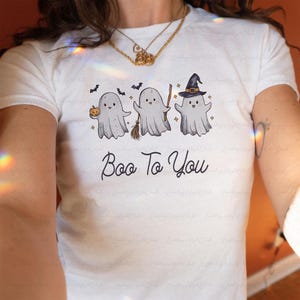 Coquette Boo To You Baby Tee, Halloween Ghost Y2K Baby Tee, Witches Vibes Halloween 90s Baby Tee, Too Cute To Spooky Girly Outfits, MYJ238