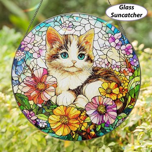 Aesthetic Floral Kitten Glass Suncatcher, Stained Glass Kitten Ornament, Cute Kitty Window Wall Hanging, Cat Lovers Suncatcher Gift, MYJ473