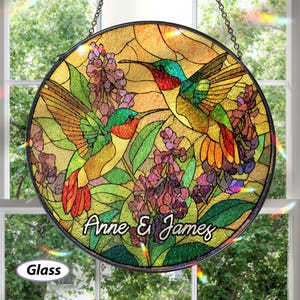 Custom Couple Hummingbirds Suncatcher, Floral Hummingbird Window Hanging, Flower Stained Glass Suncatcher, Anniversary Gift For Her, MYJ338