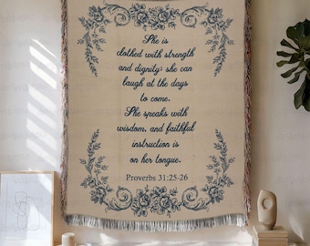 She is Clothed With Strength And Dignity Blanket, Proverbs 31 Religious Woven Blanket, Christian Bible Floral Blanket, Inspirational Gift