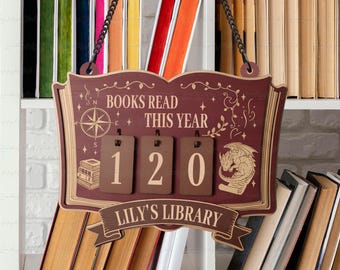 Dragon Books Read Tracker Sign, Personalized Book Lovers Display, Wooden Reading Progress Counter, Library Shelf Decor For Readers, MYL182