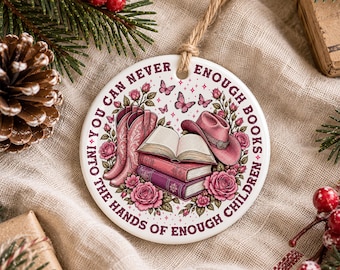 You Can Never Get Enough Books Ornament, Pink Cowgirl Reading Keepsake, Bookish Christmas Tree Hanging, Librarian Holiday Decor, Reader Gift