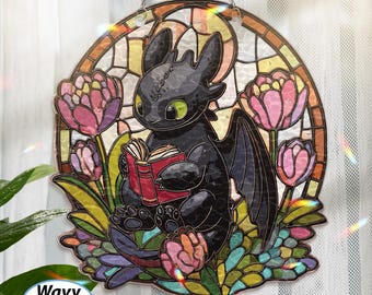 Floral Dragon Reading Book Suncatcher, Dragon Train Stained Glass Acrylic, Fantasy Book Hanging, Disney Christmas, MYJ590