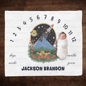 Custom Outer Space Rocket Baby Blanket, Astronaut Rocket Baby Shower Blanket, Planets Space Theme Milestone Blanket, Newborn Gift Blanket