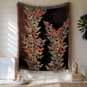 Retro Butterfly Woven Blanket, Bohemian Moth Cozy Throw, Butterfly Cottagecore Tapestry, Flies Insects Nature Inspiring Room Decor, MYC811