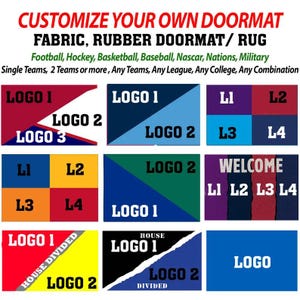 Puede incluir: Imagen promocional de felpudos personalizables. El texto dice "Personaliza tu propia alfombra" y enumera opciones como tela, goma y alfombra. Los ejemplos incluyen logotipos de equipos deportivos y los textos "LOGO 1" y "LOGO 2" sobre fondos de varios colores.