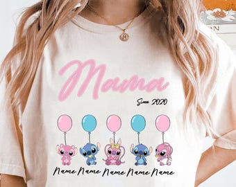 Custom Baby Stitch And Angel Shirt, Stitch Mama Shirt With Kid Name, Disney Mother's Day Gift For Mom Grandma, WDW Family Holiday Matching