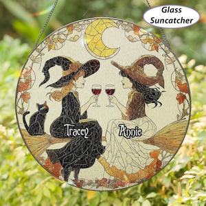 Personalize Besties Broomsticks Witches Suncatcher, Witch Wine Glass Crescent Moon Ornament, Stained Glass Witches Halloween Ornament,MYJ653