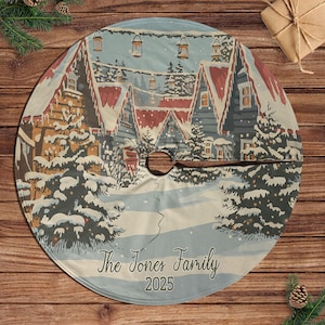 Personalized Snowy Village Tree Skirt, Vintage Snow Scene Tree Skirt, Cozy Cabin Christmas Tree Skirt, Family Name Xmas Skirt Decor, MYJ900