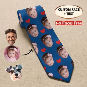Custom Face Tie with Hearts for Father's Day, Personalized Baby Dad Photo Necktie, Gift for Dad Grandpa from Kids, Family Love Gift for Him
