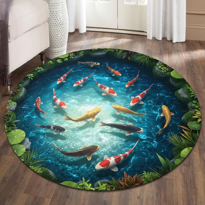 3D Koi Fish Pond Rug, Round Koi Pond Illusion Carpet, Colorful Fish ...
