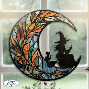 Crescent Moon Witchy Acrylic Suncatcher, Witches And Black Cat Ornament, Halloween Mystical Wizard Window Hanging, Spooky Home Decor, MYJ273