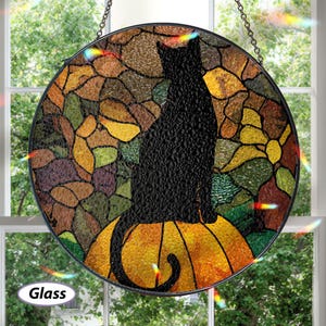 Autumn Black Cat Stained Glass Ornament, Black Cat Window Hanging, Autumn Glass Suncatcher, Thanksgiving Home Decor Gift For Mom Her, MYJ333