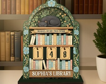 Customized Cat Reading Tracker Sign, Cat Lovers Wooden Book Tracker, Reading Goal Counter, Bookworm Birthday Gift, Home Library Decor,MYL361