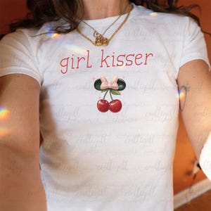 Girly Kisser Queer Disney Inspired Baby Tee, 90s I Love Her Baby Tee, Coquette Cherry Bows LGBT Tee, Gay Pansexual Bisexual Baby Tee, MYG590