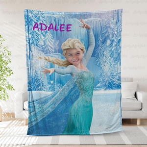 Frozen Elsa Custom Face Blanket, Frozen Elsa Anna Blanket, Custom Baby Name Face Princess Blanket, Princess Elsa Anna Birthday Gift Blanket