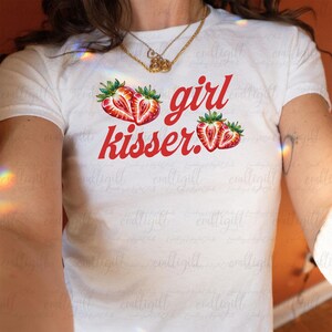 Strawberry Girl Kisser Soft Baby Tee, Lesbian Fruit Pride Baby Tee, Feminist Fruit, Y2K Gay Girlfriend Baby Tee, Pride Month Baby Tee,MYG593