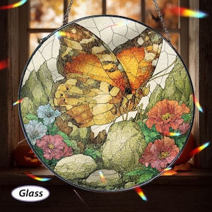 Floral Butterfly Stained Glass Suncatcher, Flower Garden Window Hanging, Nature Butterfly Lovers Gift, Housewarming Gift For Mom Her,MYJ336