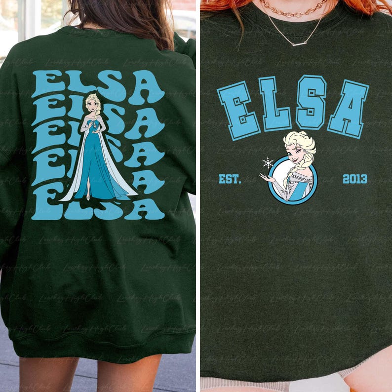 a woman wearing a green shirt with a picture of a frozen princess on it