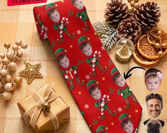 Custom Face Elf Xmas Necktie, Personalized Christmas Photo Tie, Funny Family Holiday Necktie, Custom Elf Pattern Tie, Christmas Gift For Him
