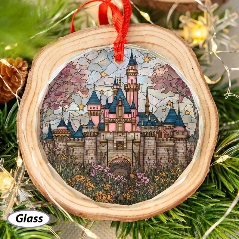 May include: A round glass ornament with a stained-glass design of a pink and blue castle, set within a wooden frame. The castle is surrounded by flowers and trees, with a red ribbon for hanging. The word "Glass" is printed on the bottom left.