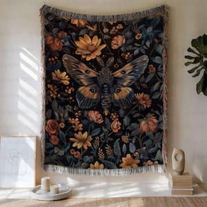 Mystical Moth And Flowers Woven Throw, Cottagecore Butterfly Blanket, Fantasy Insect Cozy Blanket, Spiritual Moth Lover Gift Blanket, BYA949