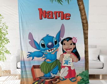 Disney Lilo And Stitch Blanket Custom Name, Lilo And Stitch Beach Scene Throw, Tropical Disney Gift For Kids, Stitch Birthday Decor, NVA783