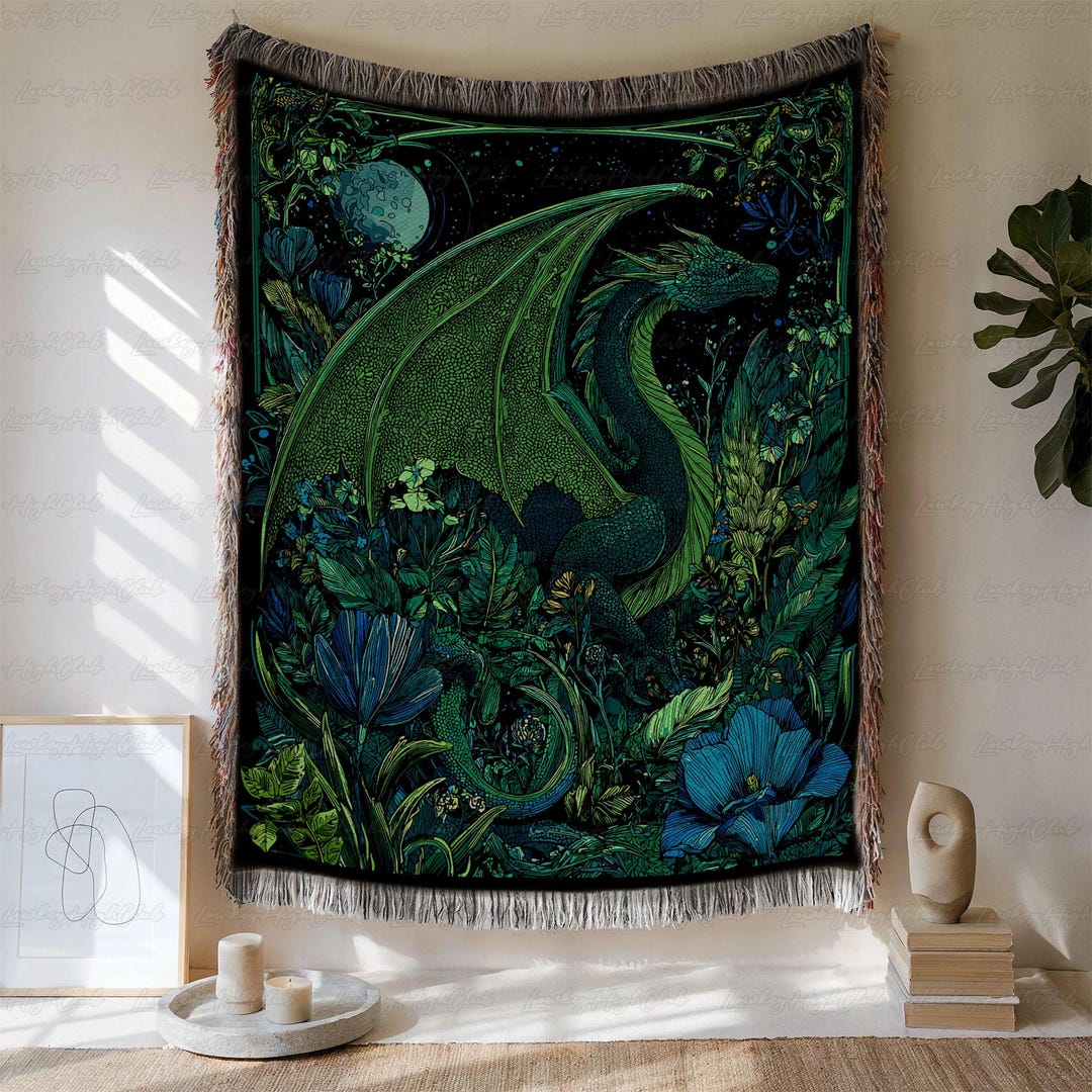 Dark Cottagecore Dragon Woven Blanket, Celestial Dragon Art Blanket ...