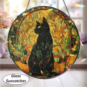 Mystic Autumn Black Cat Suncatcher, Stained Glass Black Cat Ornament, Autumn Pumpkin Window Hanging, Whimsical Black Cat Suncatcher, MYJ510