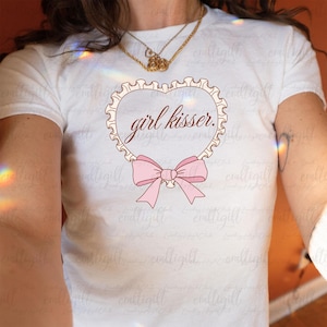 Pink Bows Girl Kisser Baby Tee, LGBTQ+ Coquette Baby Tee, Sapphic Queer Baby Tee, Downtown Lesbian Pride Top, Pansexual Bisexual Y2K, MYG592