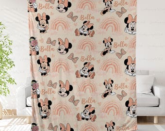 Boho Rainbow Minnie Mouse Blanket, Custom Name Blanket For Girls, Minnie Mouse Bedding Throw For Kid, Wdw Disneyland Girl Trip Gift,THA317-6