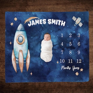Custom Rocket Astronaut Baby Blanket, Custom Outer Space Baby Milstone Blanket, Moon Stars Baby Shower Blanket, Space Rocket Gift Blanket