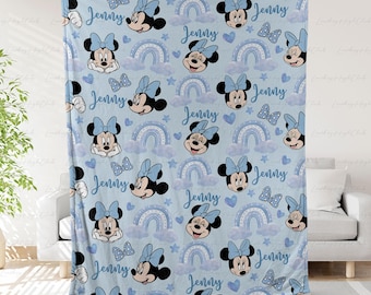 Personalized Disney Minnie Blanket For Kids, Cute Minnie Mouse Blanket Blue, Minnie Coquette Bow Blanket, Baby Girl Birthday Gift, THA317-3