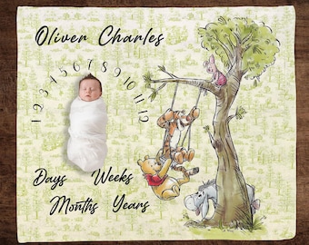 Custom Winnie Pooh Baby Blanket, Winnie Pooh Bear Custom Baby Name Blanket, Pooh Bear Friends Milestone Blanket, Disney Baby Shower Blanket