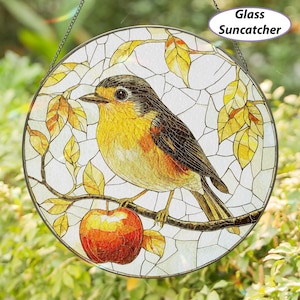 Vintage Robin Bird Glass Suncatcher, Apple Branch Robin Bird Suncatcher, Stained Glass Robin Bird Ornament, Robin Bird Window Hanging,MYJ522