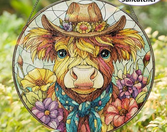 Floral Highland Cow Glass Suncatcher, Aesthetic Cow Flower Window Hanging, Stained Glass Cow Ornament, Suncatcher Gift For Cow Lovers,MYJ532