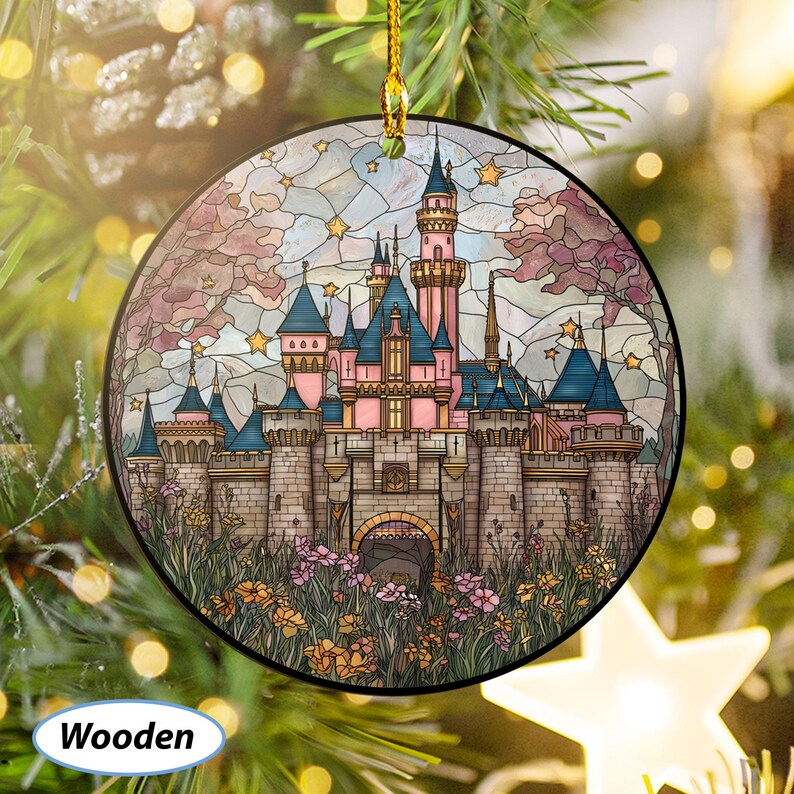 May include: Round wooden Christmas ornament featuring a castle design with pink, blue, and gray tones. The castle is surrounded by flowers and trees, with a stained-glass effect. The ornament is hanging from a gold string.