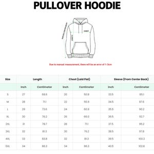 May include: A size chart for a pullover hoodie featuring a line drawing of the garment with labels for length, chest, and sleeve centre back. A table provides measurements in inches and centimetres for sizes S through 5XL, noting a 1-3cm margin of error.