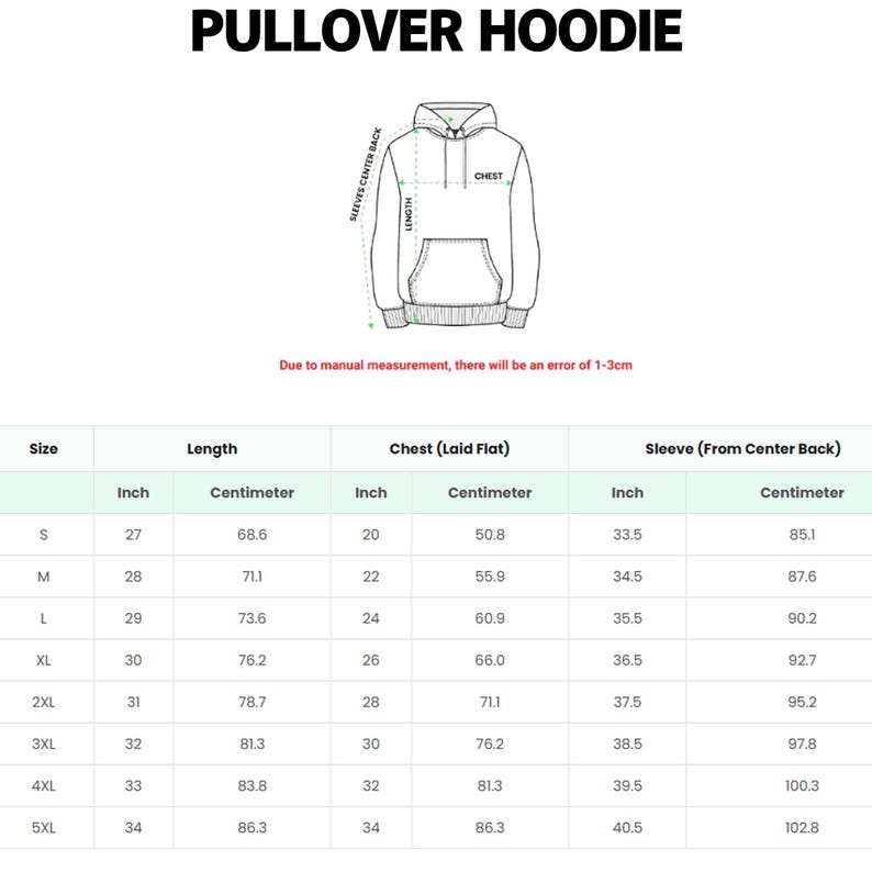 May include: A size chart for a pullover hoodie featuring a line drawing of the garment with labels for length, chest, and sleeve centre back. A table provides measurements in inches and centimetres for sizes S through 5XL, noting a 1-3cm margin of error.