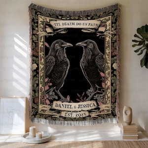 Dark Romantic Couple Anniversary Blanket Personalized, Crowcore Couple Dark Academia Blanket, Custom Goth Couple Gift Raven Tapestry, BYA953