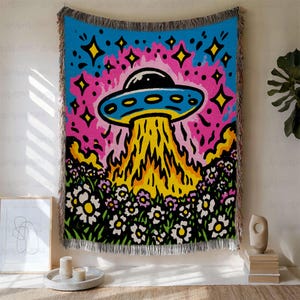 Funky Ufo And Flowers Woven Blanket, Bold Colorful Alien Spaceship Blanket, Outer Space Retro Throw, Vibrant Alien Blanket For Couch, MYC840