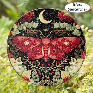 Mystic Red Luna Moth Suncatcher, Stained Glass Luna Moth Ornament, Whimsical Butterfly Window Hanging, Moon Night Floral Gift Decor, MYJ507