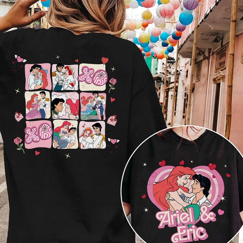 May include: Black t-shirt featuring a collage of cartoon images of a couple in love, with hearts and roses. A circular graphic on the lower right shows the couple embracing, with the text "Ariel & Eric".