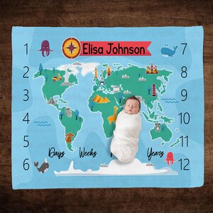 Custom Adventure Awaits Baby Blanket, Animal World Map Baby Shower Blanket, Map Of The World Milestone Blanket, Safari Animal Baby Blanket