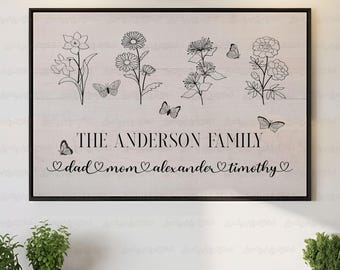 Familienname Blumendruck auf Leinwand, Benutzerdefinierte Geburtsmonat Familien Leinwand, personalisierte Blumenfamilie Wandkunst, Botanisches Familiengedächtnisdekor, MYF546