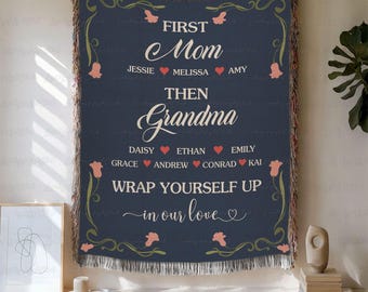 First Mom Now Grandma Blanket Customized, New Nana Blanket Gift, Mothers Day Mum Gigi Flower Throw, Lily Floral Tapestry For Women Bed Decor