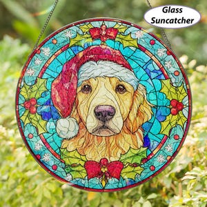 Santa Golden Retriever Stained Glass Suncatcher, Golden Retriever Xmas Ornament, Christmas Pet Suncatcher, Holiday Dog Window Art, TGOA224