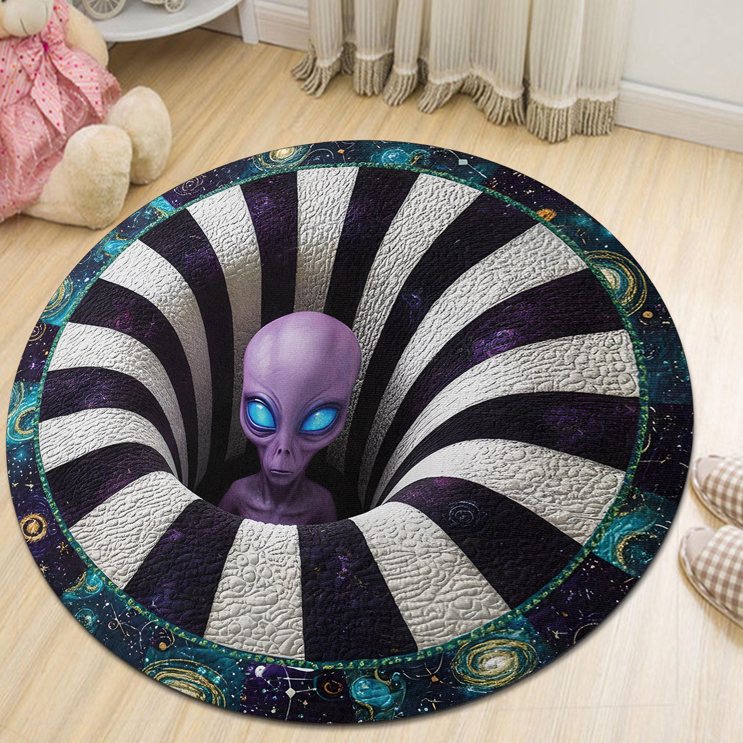 3D Alien Illusion Round Rug, Optical Illusion Purple Alien Carpet, Ufo ...