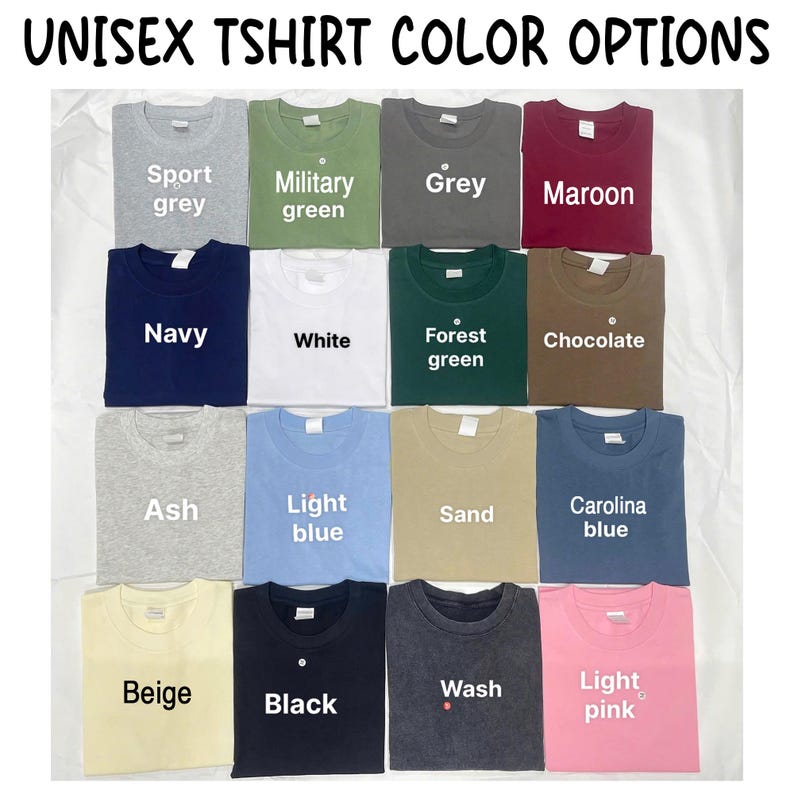 May include: A grid of sixteen folded t-shirts in various colours, labelled with text including Sport grey, Military green, Grey, Maroon, Navy, White, Forest green, Chocolate, Ash, Light blue, Sand, Carolina blue, Beige, Black, Wash, and Light pink.