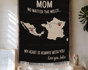 Custom Long Distance Family Blanket, Mother's Day Bed Blanket, State To State Map Family Far Away Throw, Nana Mom Dad Gift From Daughter Son